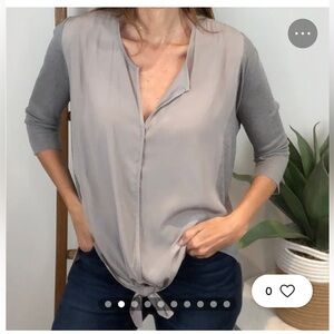 Lola & Sophie taupe silky ribbed front tie blouse XS